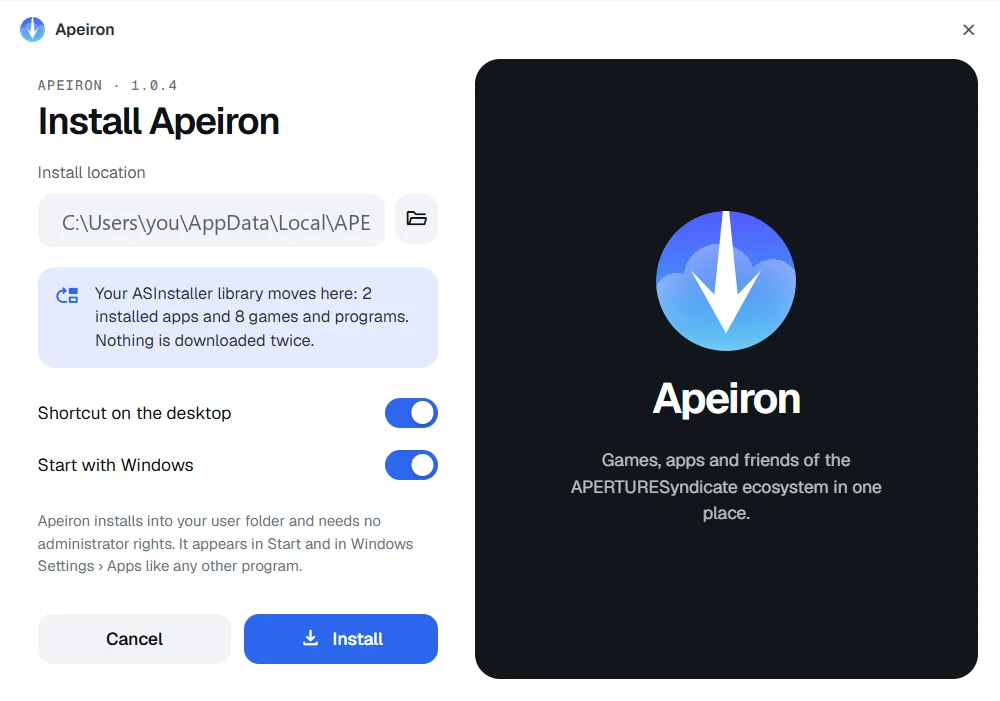 Apeiron install window