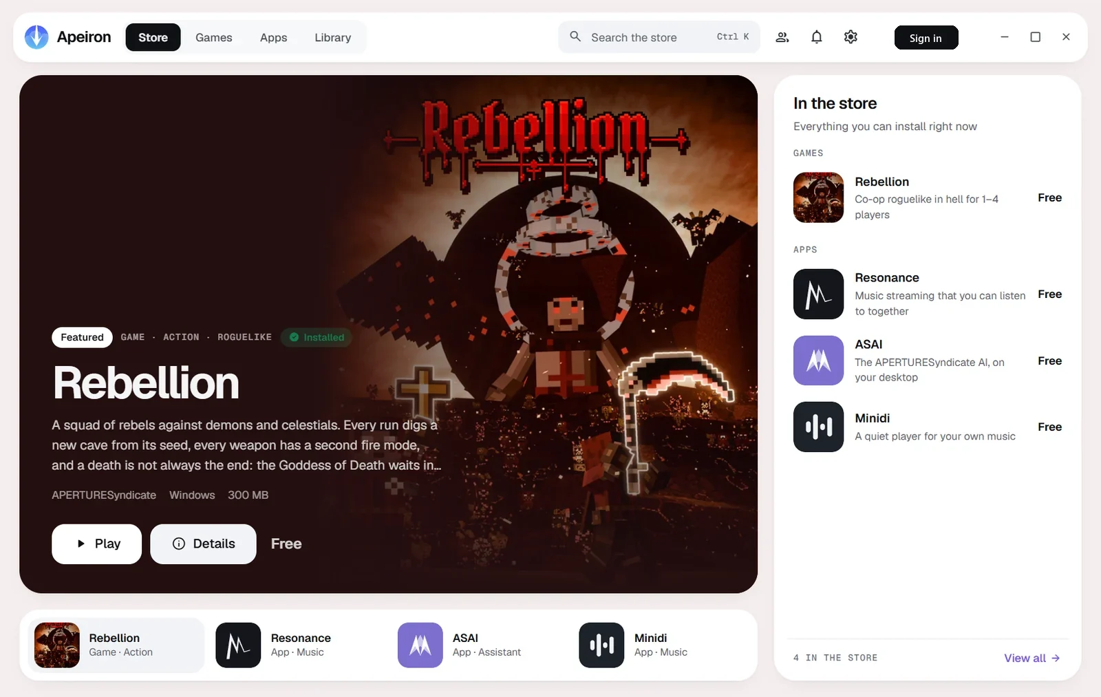 Apeiron store with Rebellion featured